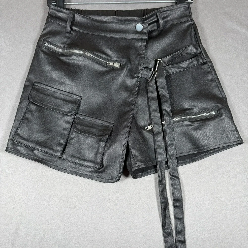 Faux Leather Rave Skort Womens Medium M Black Zipper Wrap Punk Streetwear Goth